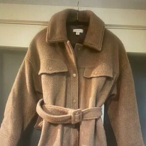 Topshop Wool Blend Belted Shacket Jacket Brown Brushed Coat US 8